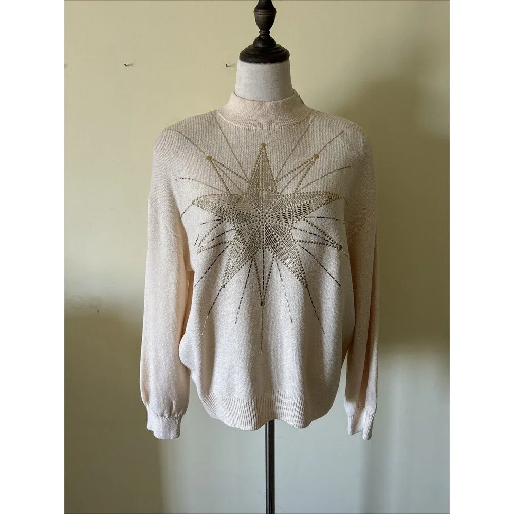 Vintage St John by Marie Gray Embellished Gold‎ & Cream Knit Sweater